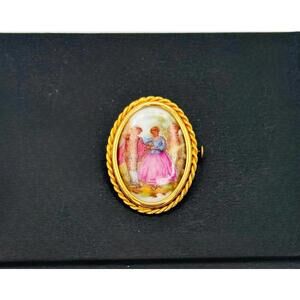 Preloved Limoges gold tone porcelain hand painted brooch